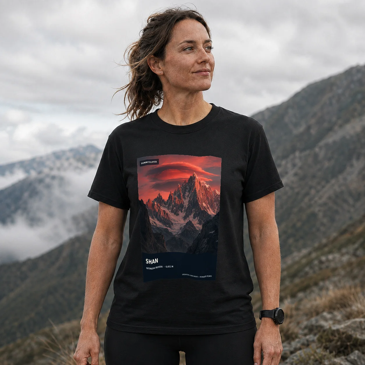 Black Gora Shan T-shirt front with mountain artwork