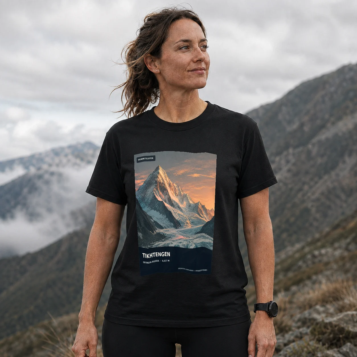 Black Gora Tikhtengen T-shirt front with mountain artwork