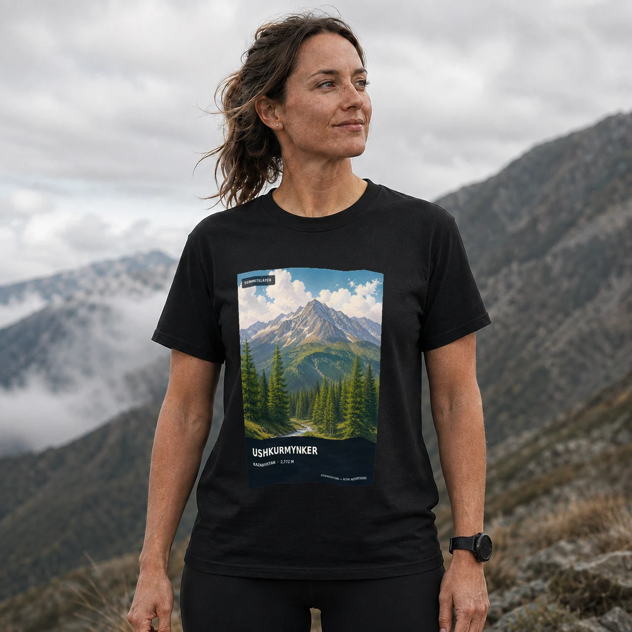 Black Gora Ushkurmynker T-shirt front with mountain artwork