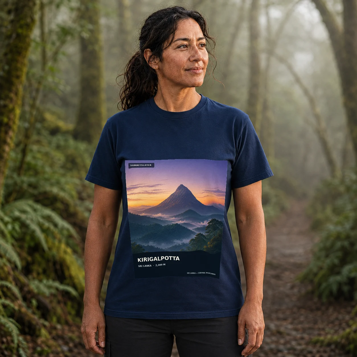 Navy Kirigalpota T-shirt front with mountain artwork