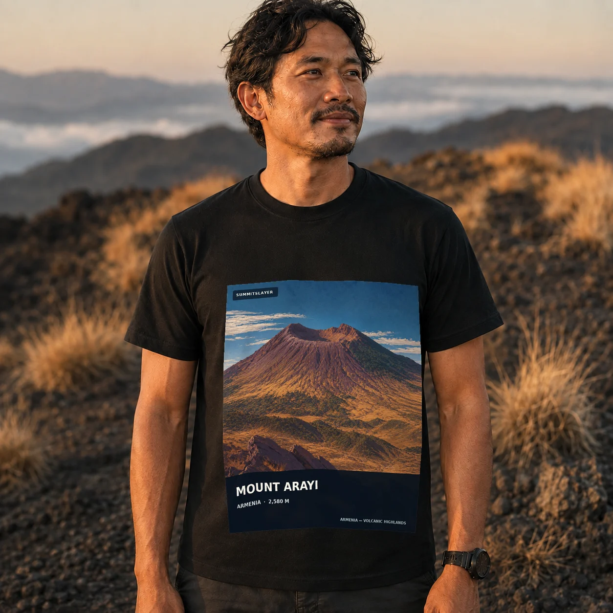 Black Mount Arayi T-shirt front with mountain artwork