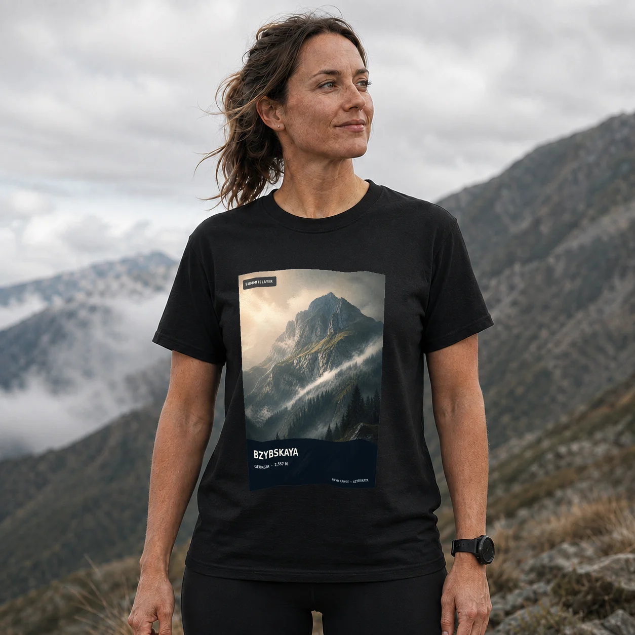 Black Gora Bzybskaya T-shirt front with mountain artwork