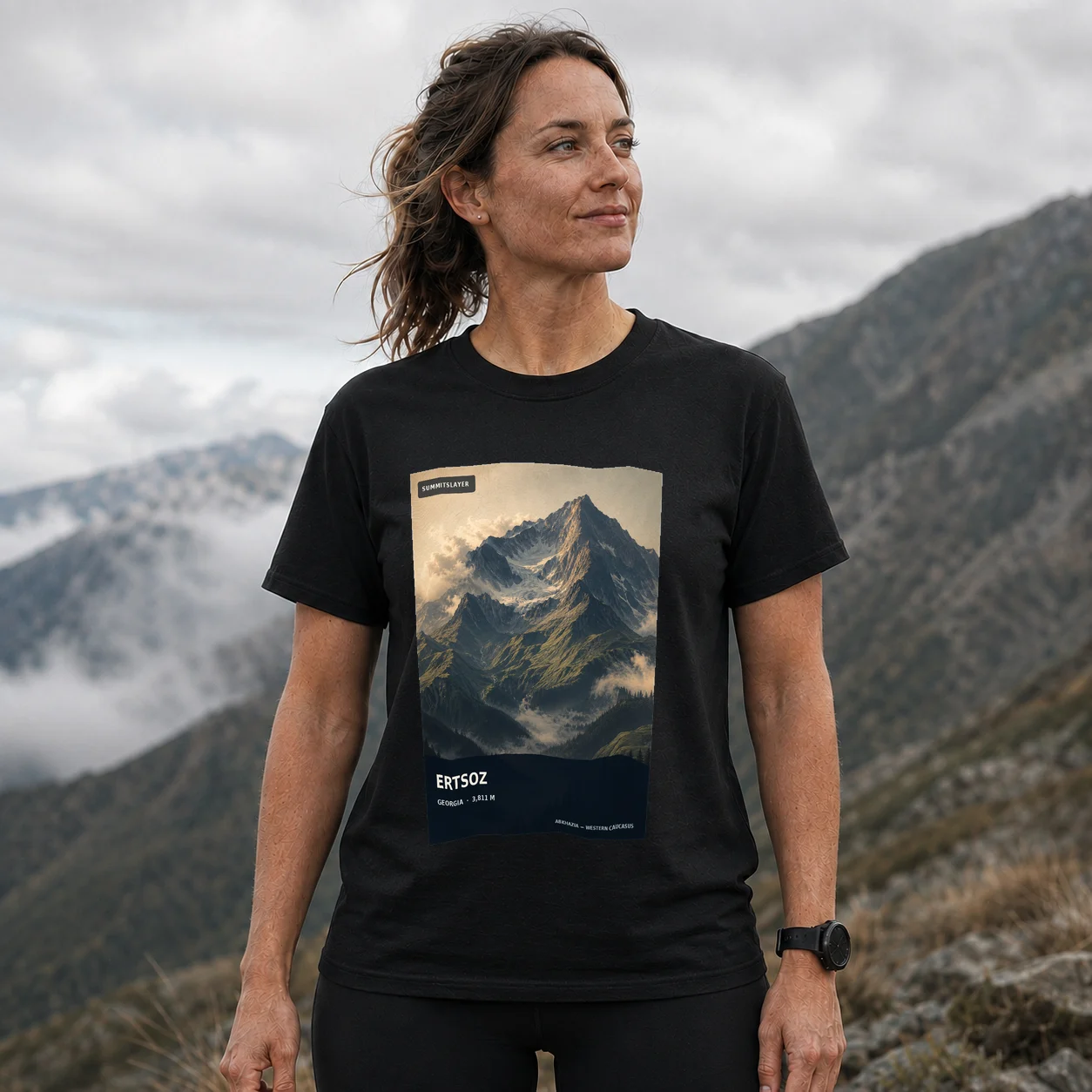 Black Gora Ertsoz T-shirt front with mountain artwork