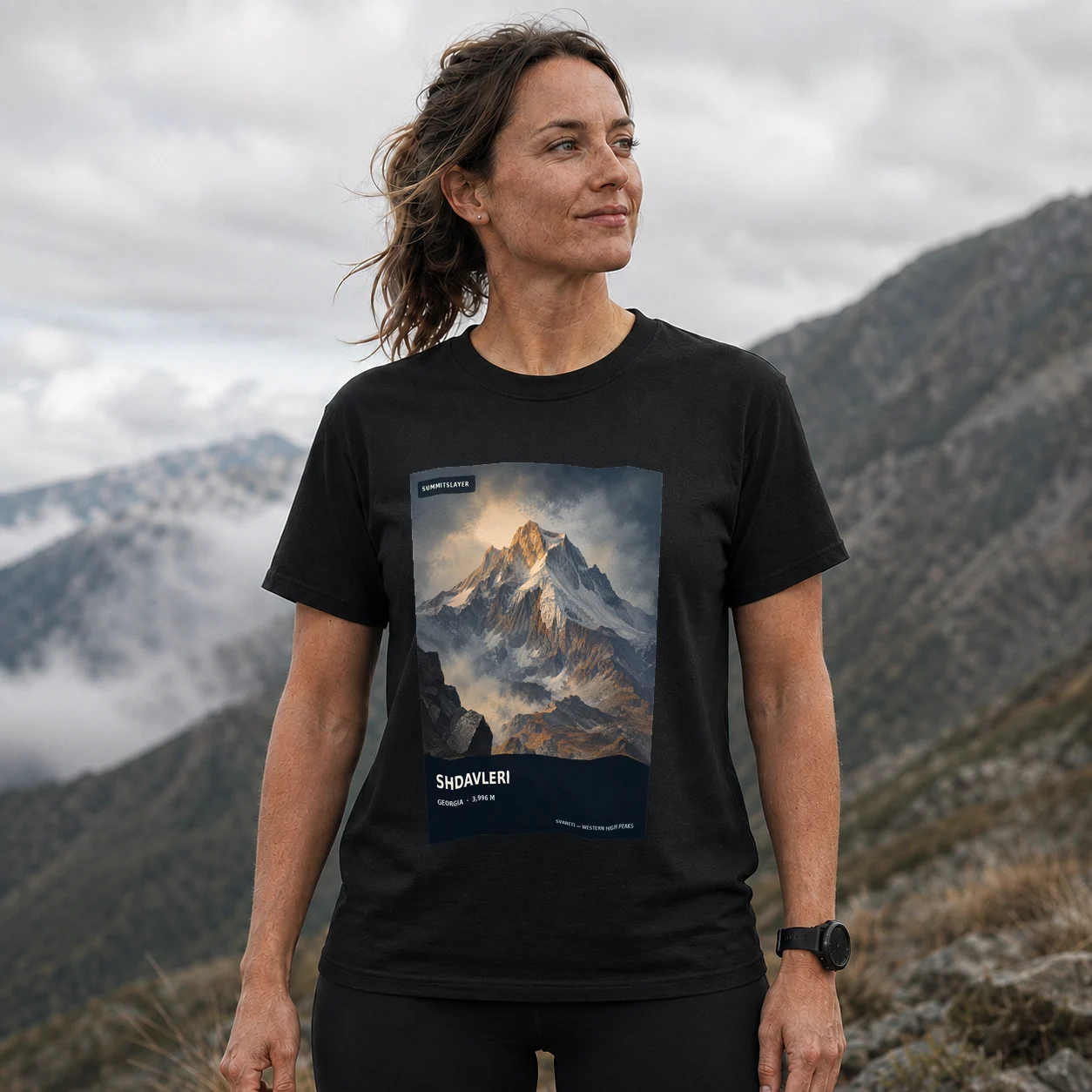 Black Mt’a Shdavleri T-shirt front with mountain artwork