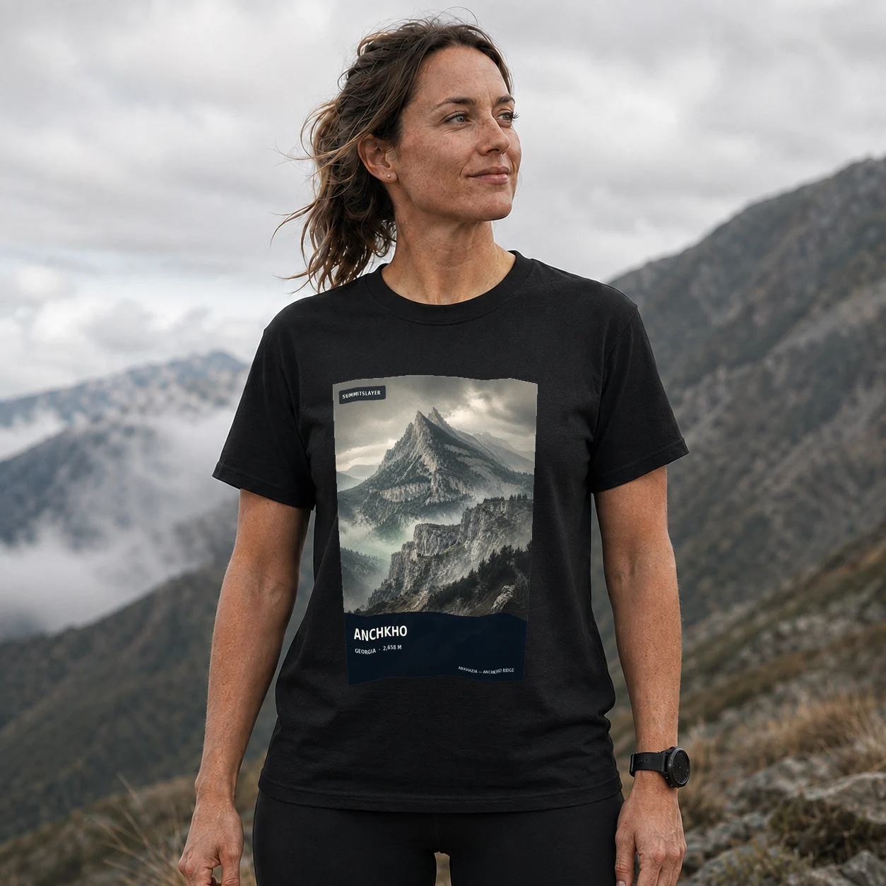 Black Mta Anchkho T-shirt front with mountain artwork