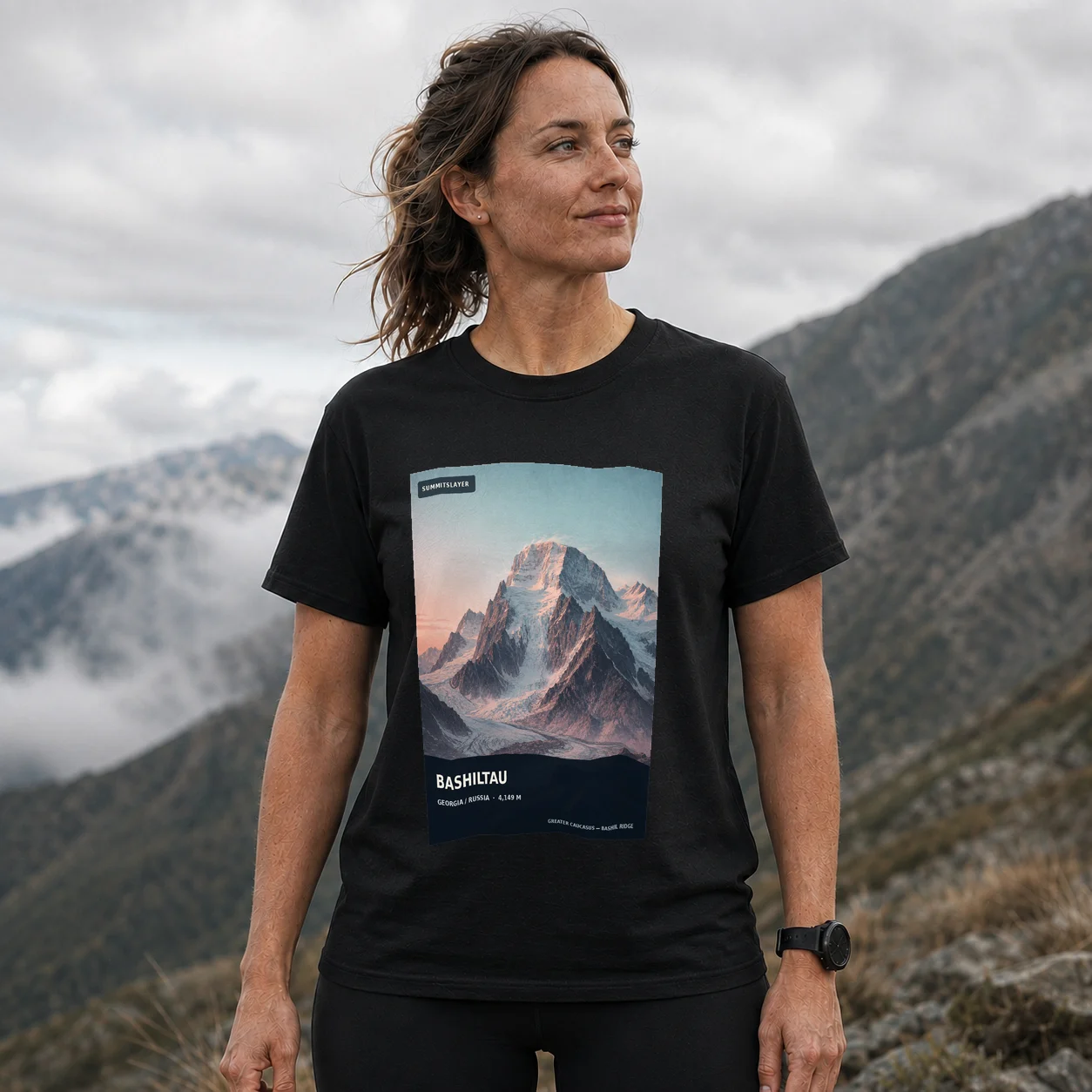 Black Mta Bashiltau T-shirt front with mountain artwork