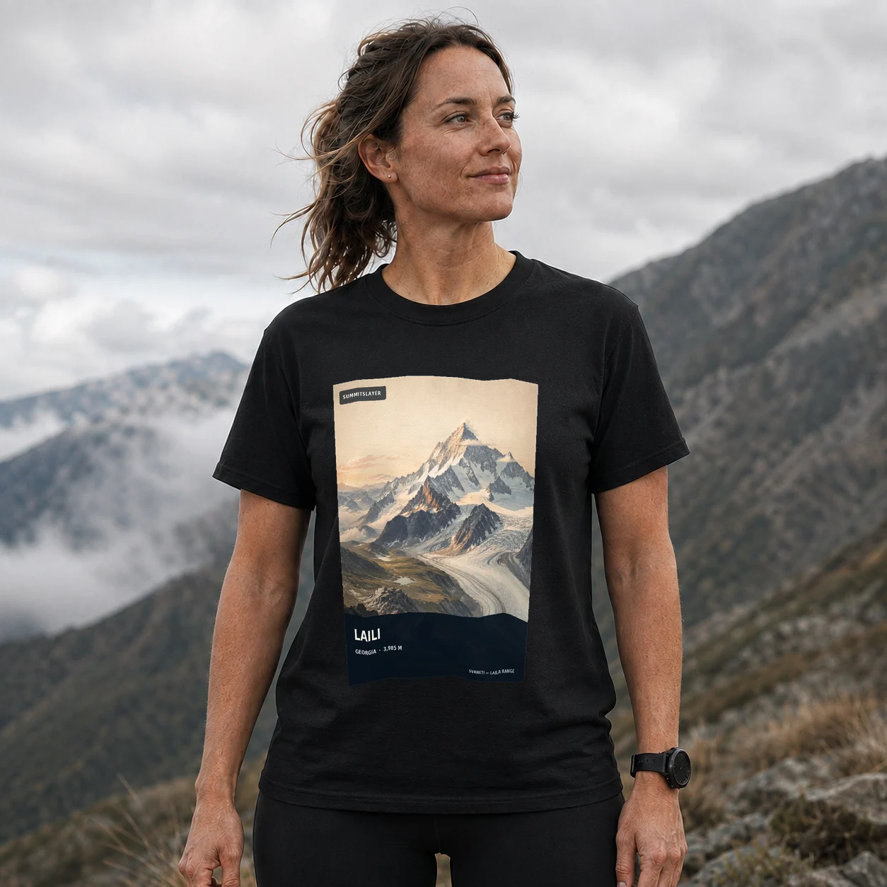 Black Mta Laili T-shirt front with mountain artwork