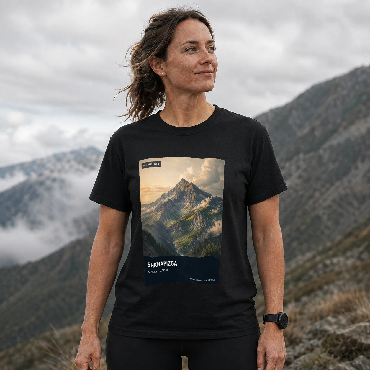 Black Mta Shkhap’izga T-shirt front with mountain artwork