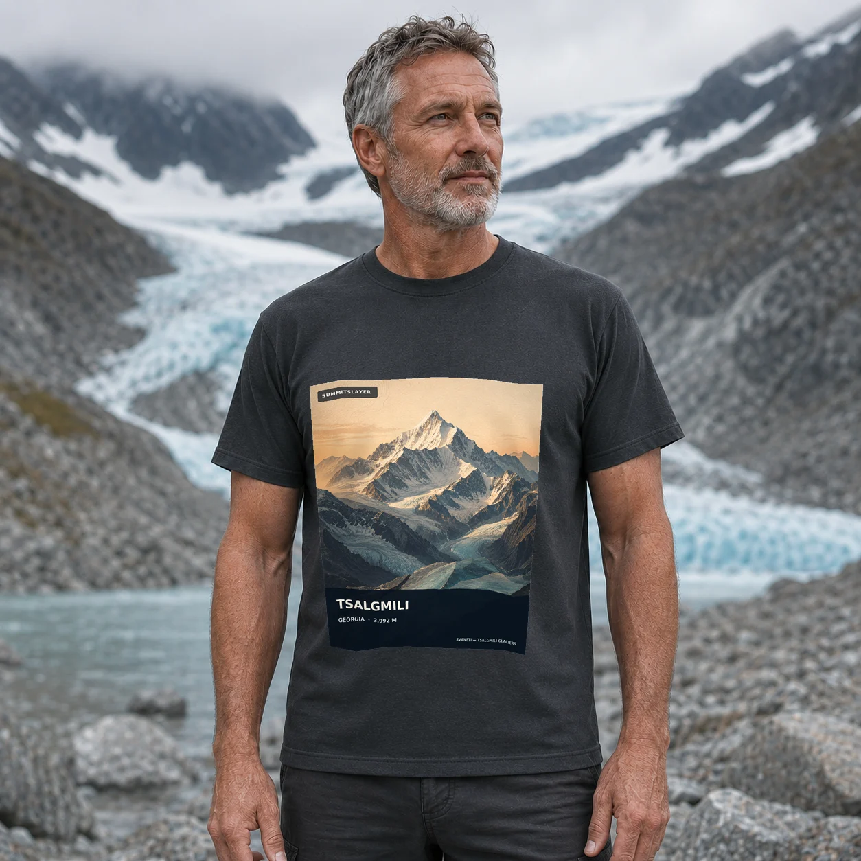 Charcoal Mta Tsalgmili T-shirt front with mountain artwork