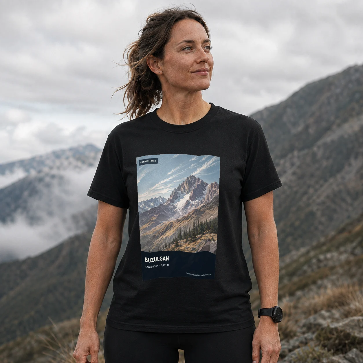 Black Buzulgan mountain T-shirt front with mountain artwork
