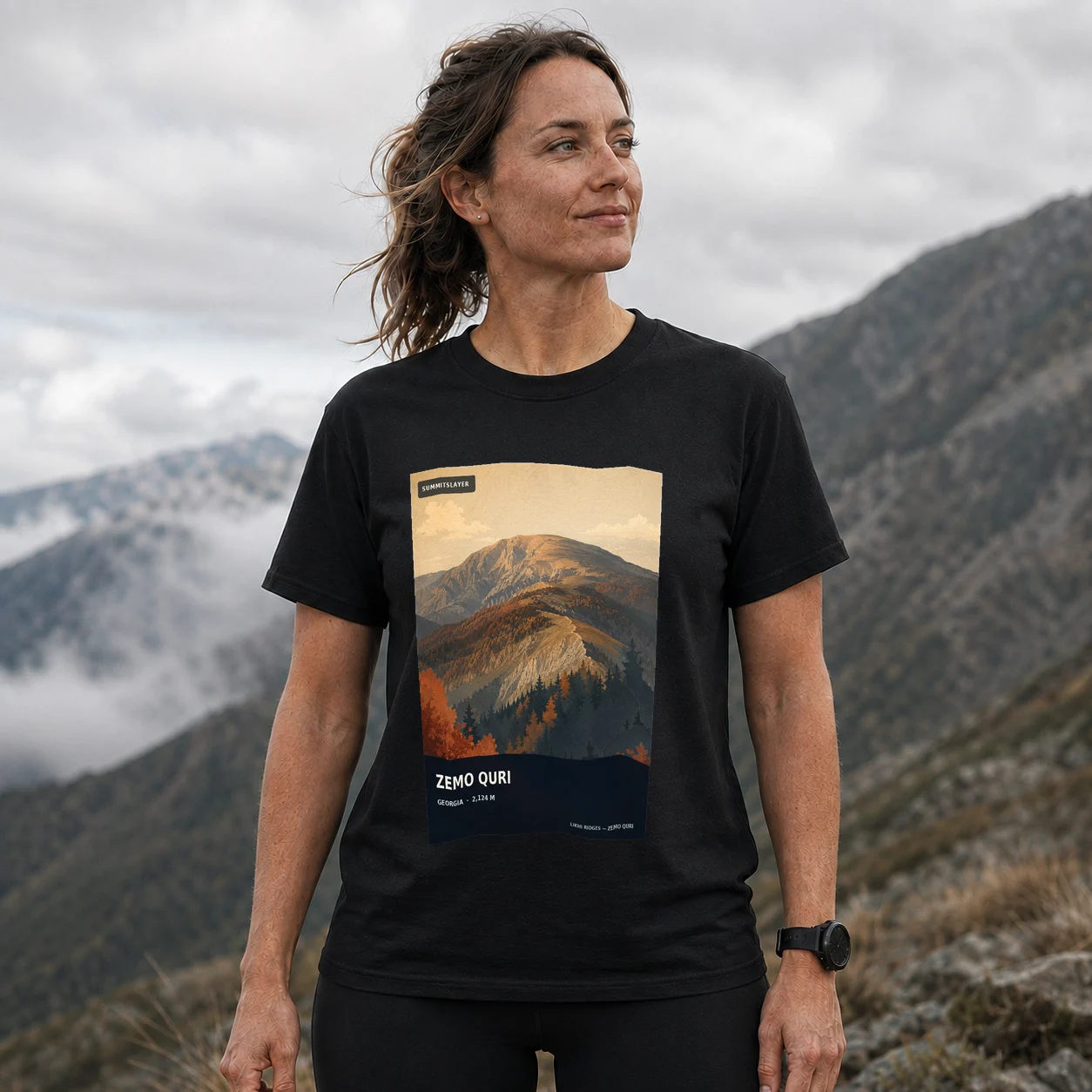 Black Mt’a Zemo Quri T-shirt front with mountain artwork