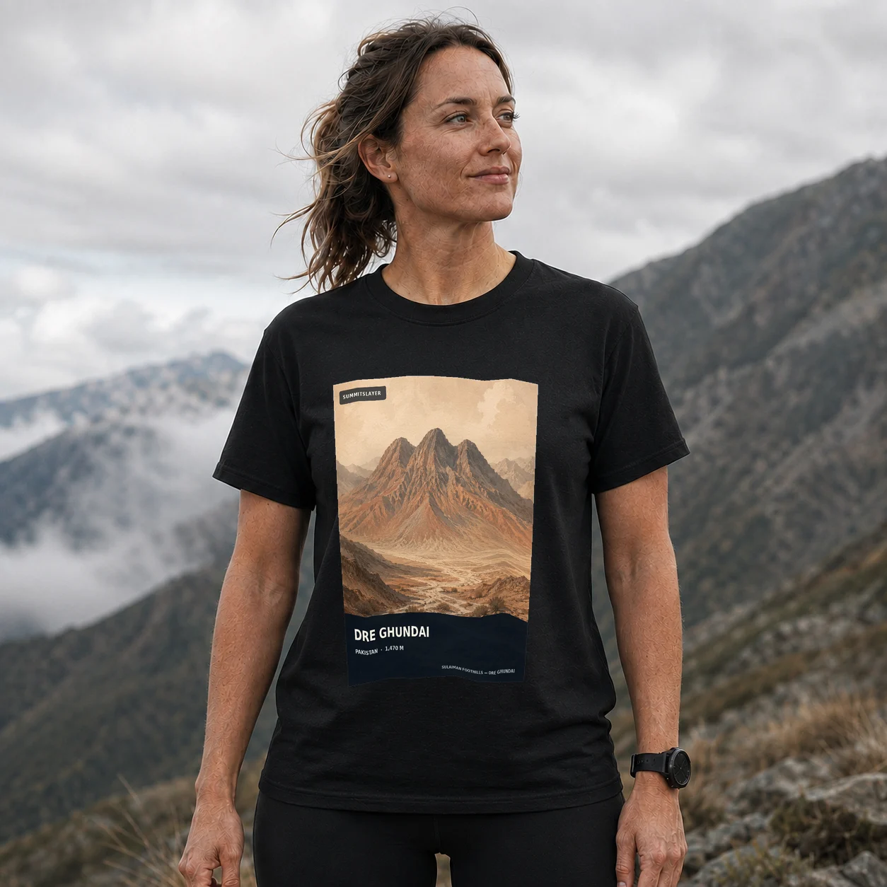 Black Dre Ghundai T-shirt front with mountain artwork