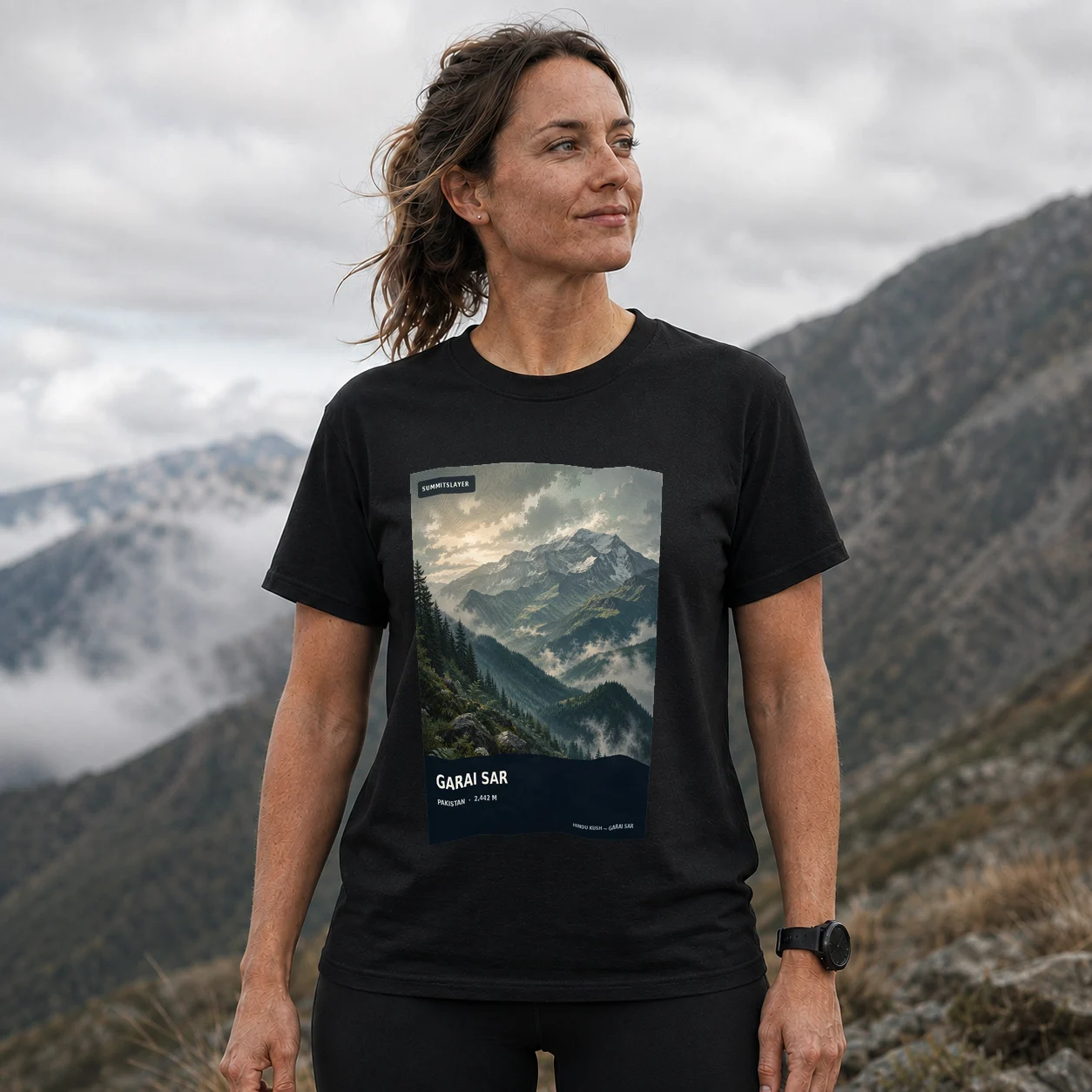 Black Garai Sar T-shirt front with mountain artwork