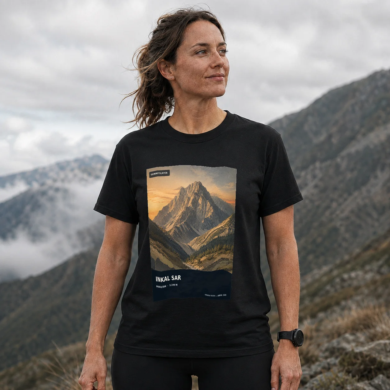 Black Inkal Sar T-shirt front with mountain artwork