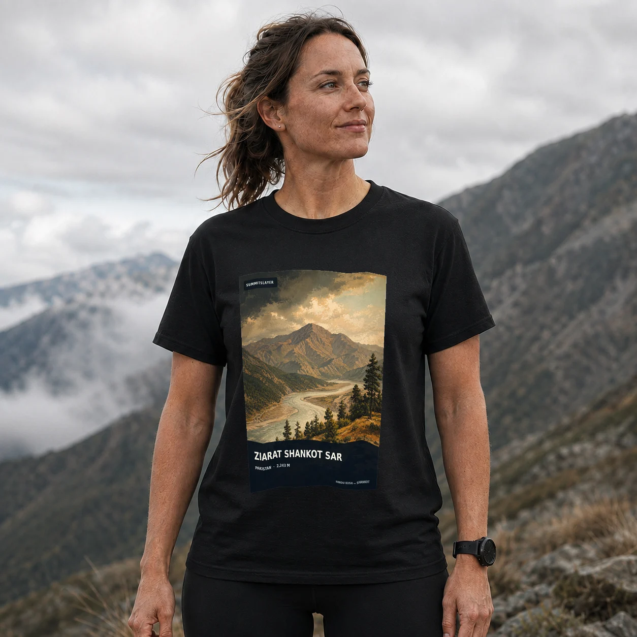 Black Ziarat Shankot Sar T-shirt front with mountain artwork