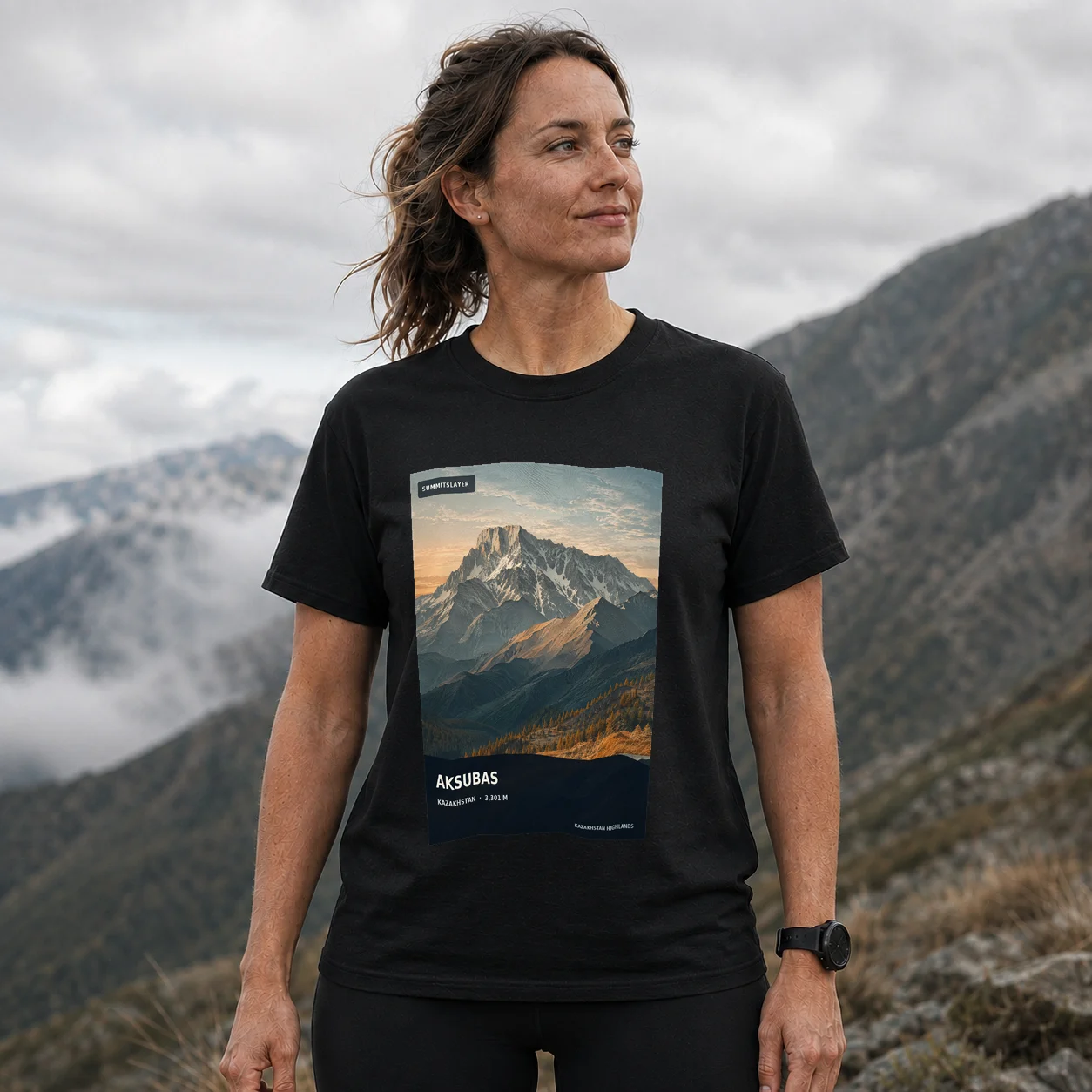 Black Gora Aksubas T-shirt front with mountain artwork