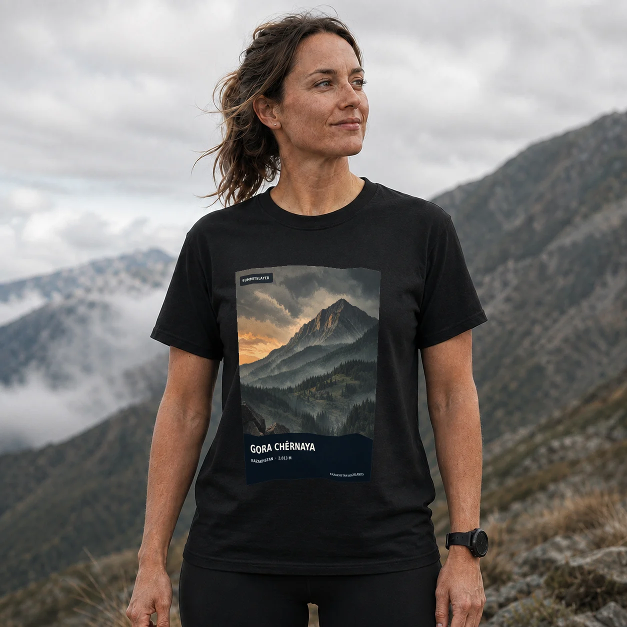 Black Gora Chërnaya T-shirt front with mountain artwork