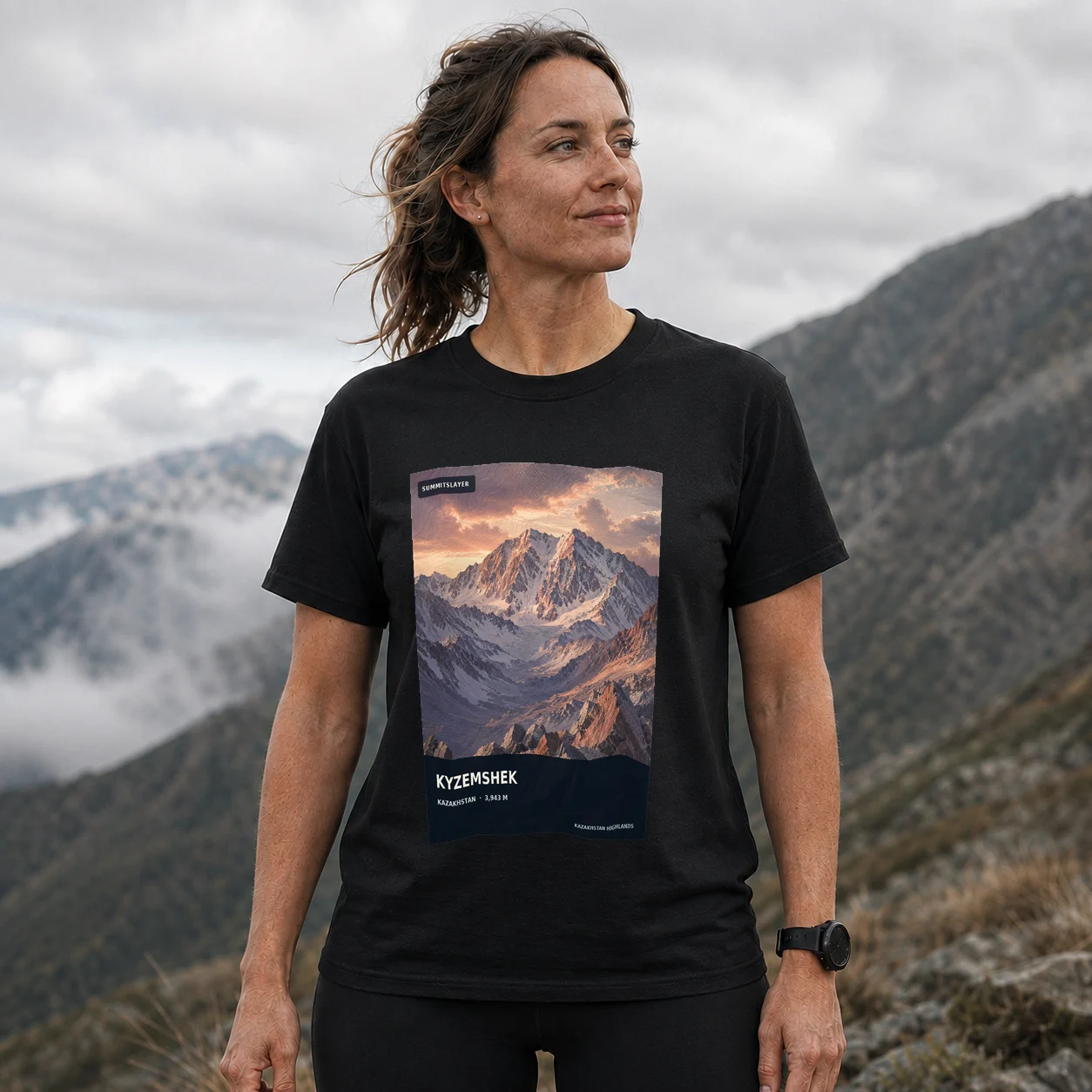 Black Gora Kyzemshek T-shirt front with mountain artwork