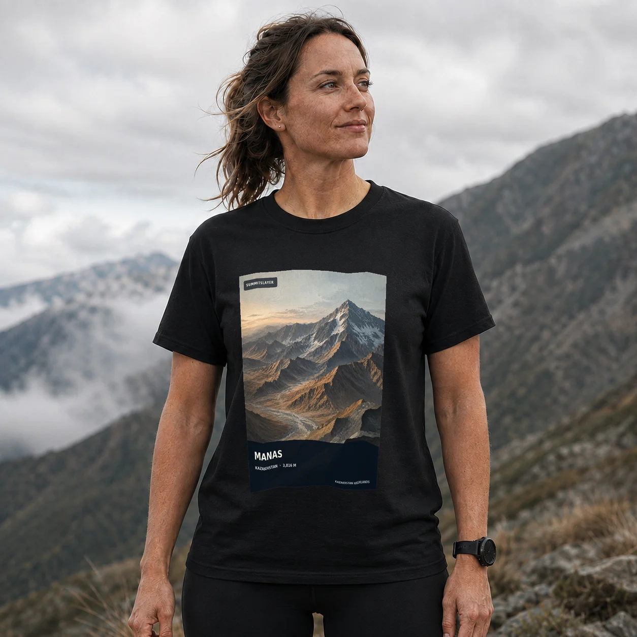 Black Gora Manas T-shirt front with mountain artwork