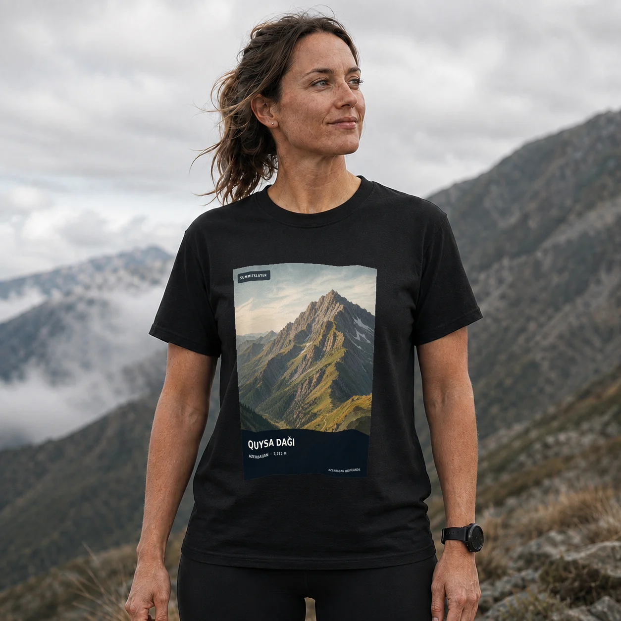 Black Quysa Dağı T-shirt front with mountain artwork
