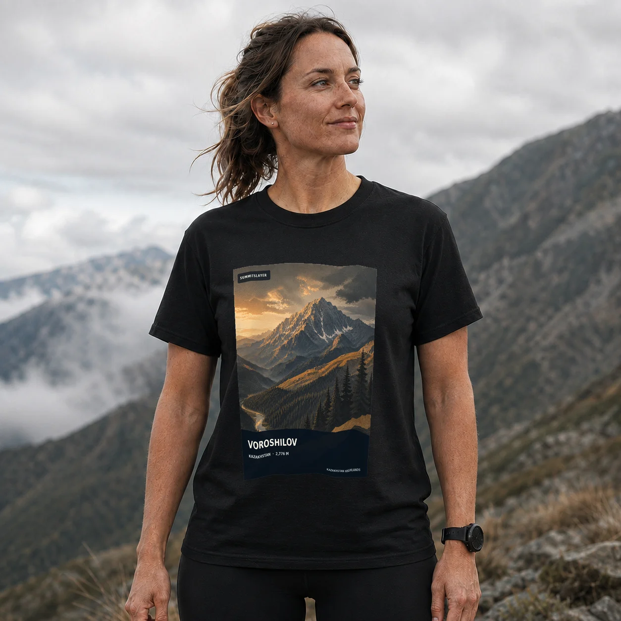 Black Voroshilov peak T-shirt front with mountain artwork