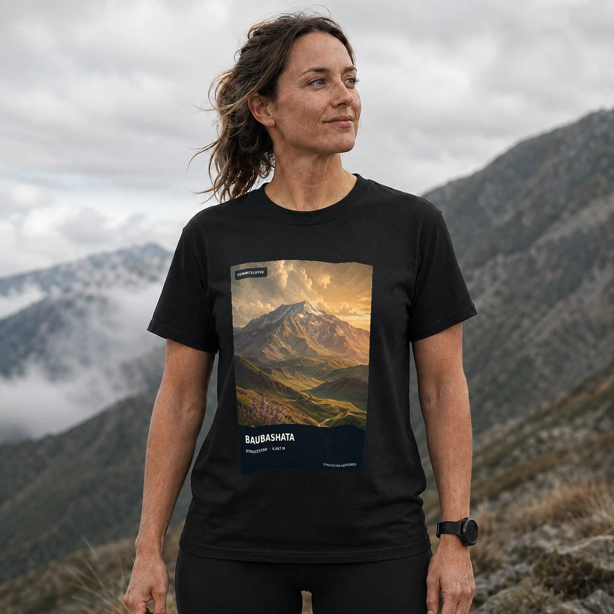 Black Gora Baubashata T-shirt front with mountain artwork