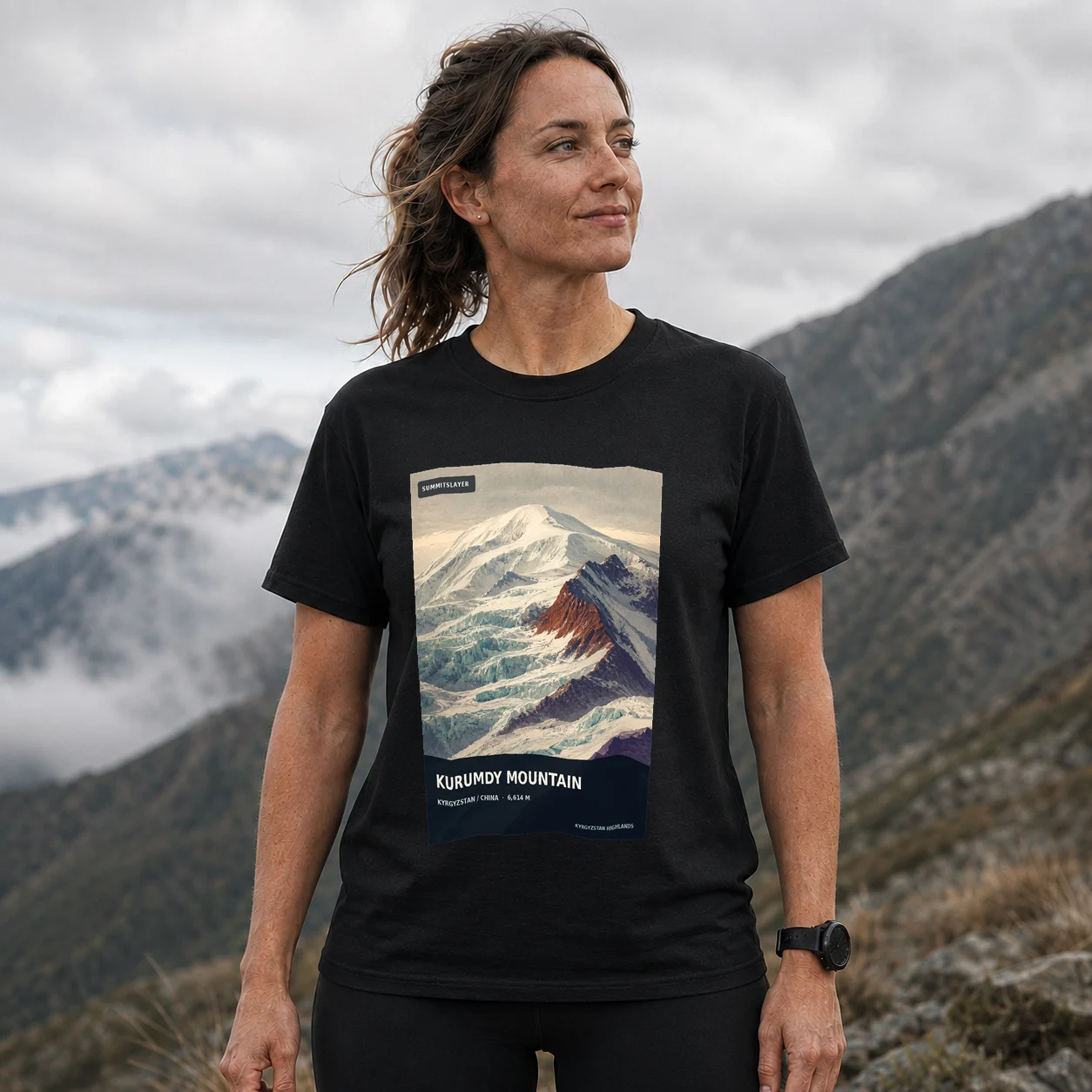 Black Gora Kurumdy T-shirt front with mountain artwork