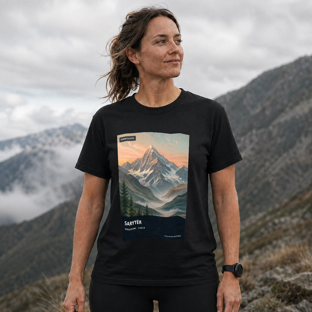 Black Gora Sarytër T-shirt front with mountain artwork