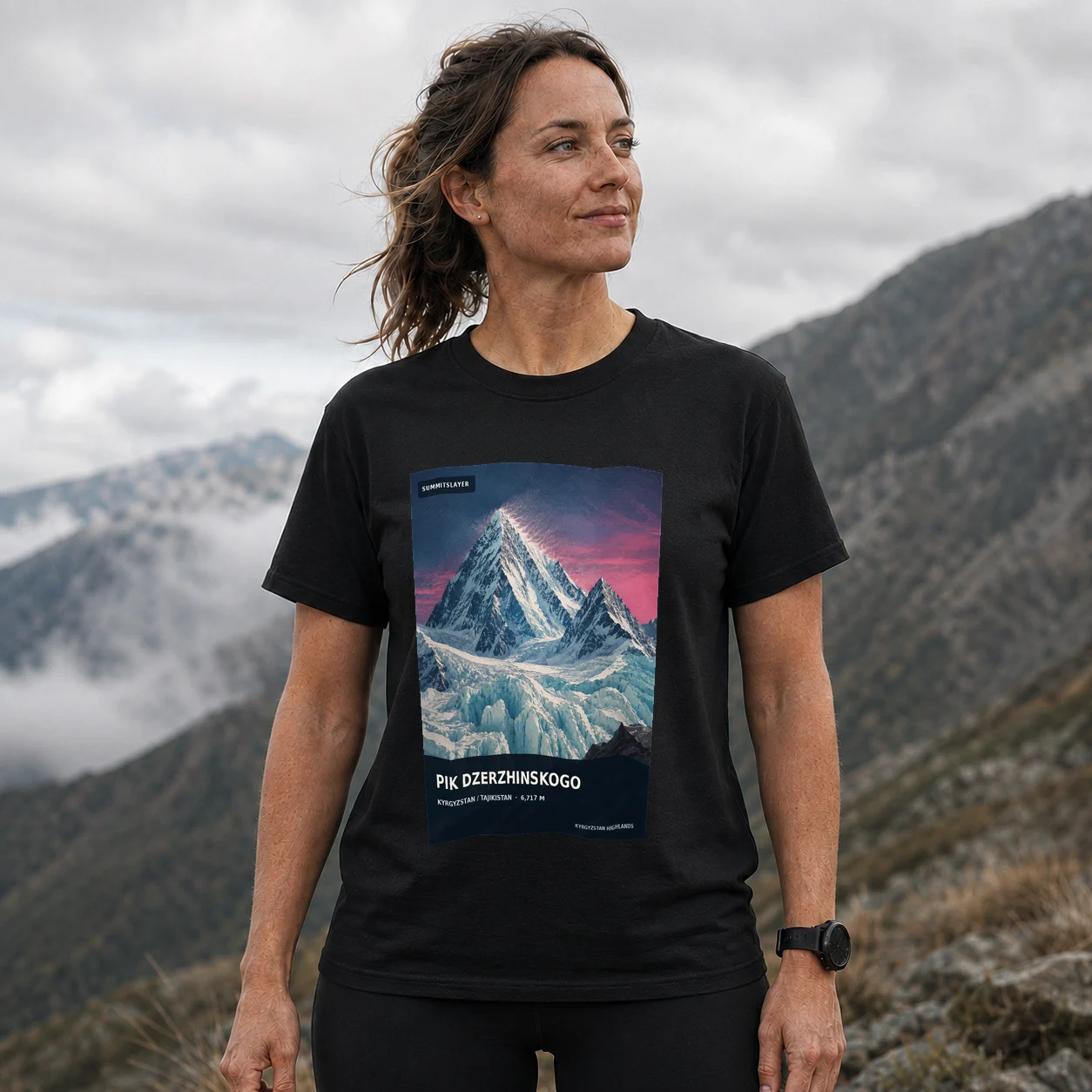 Black Pik Dzerzhinskogo T-shirt front with mountain artwork