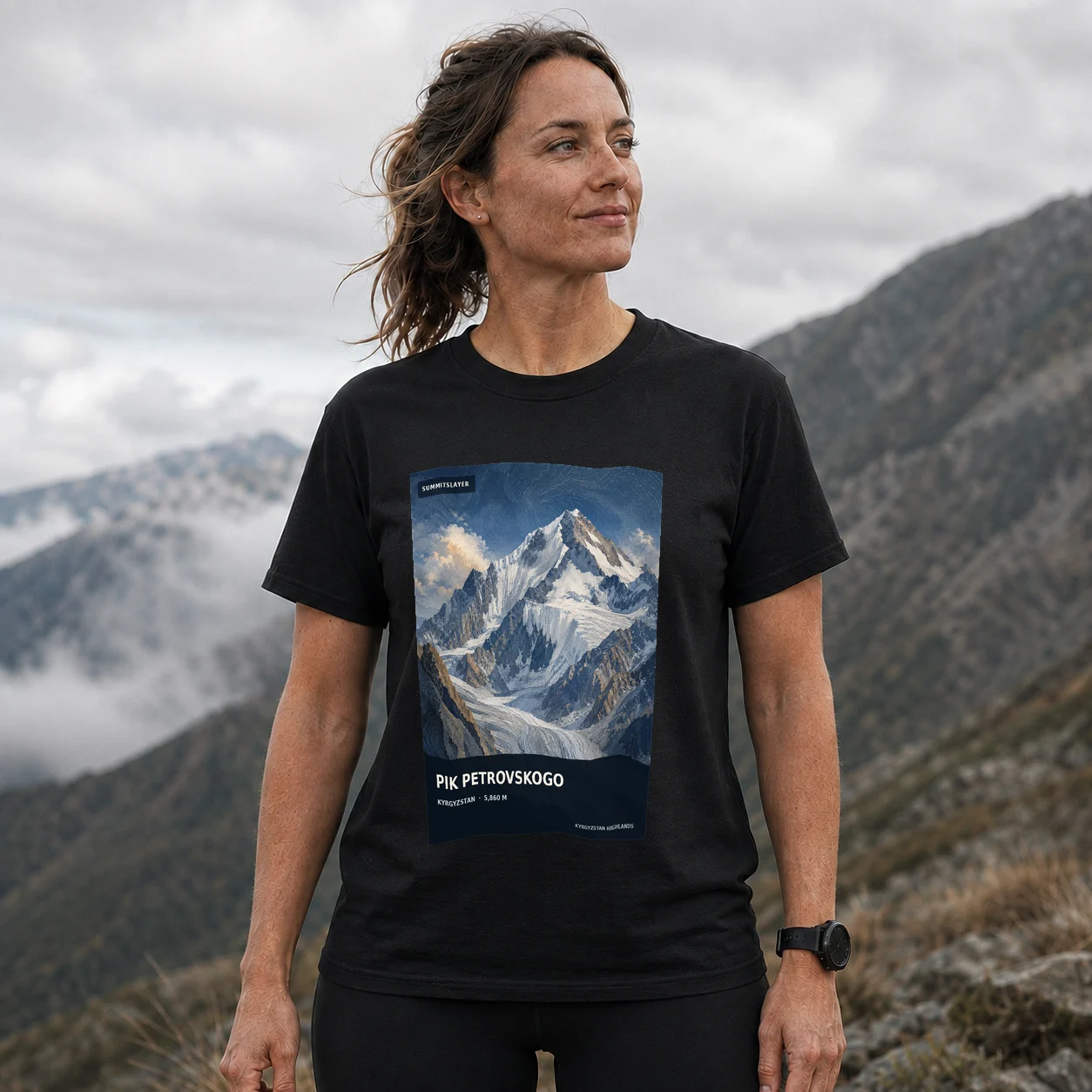 Black Pik Petrovskogo T-shirt front with mountain artwork