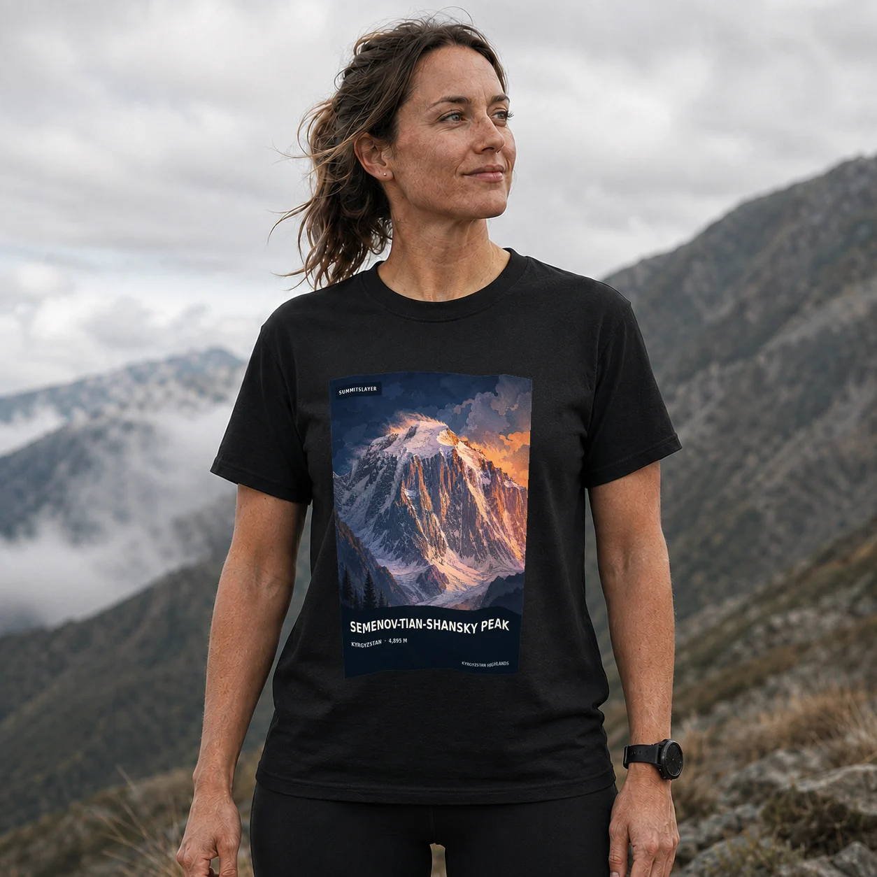 Black Pik Semjonow-Tjan-Schanski T-shirt front with mountain artwork