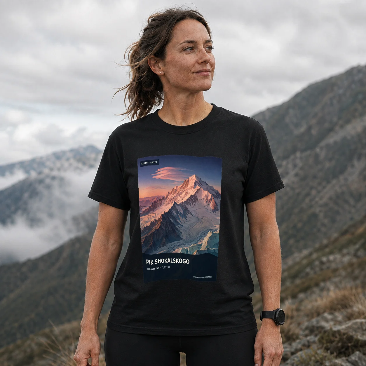 Black Pik Shokal’skogo T-shirt front with mountain artwork