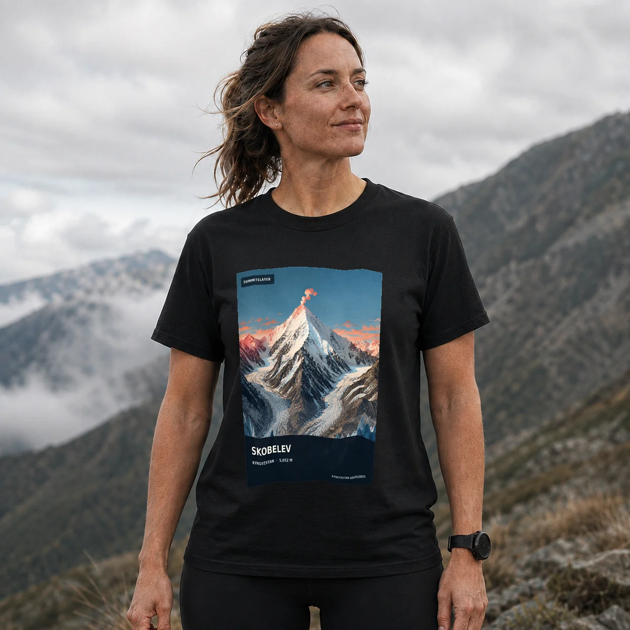 Black Skobelev peak T-shirt front with mountain artwork