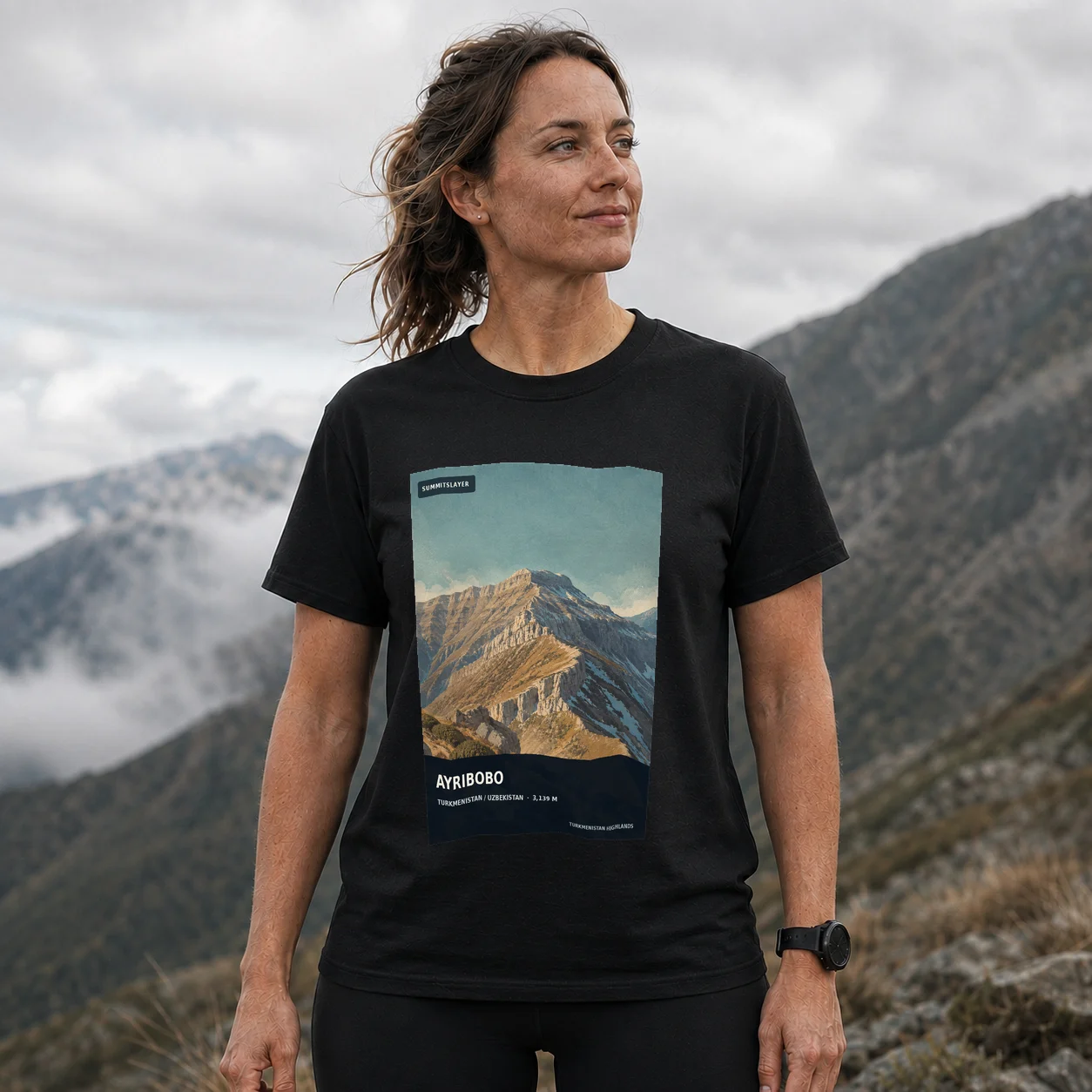 Black Aýrybaba T-shirt front with mountain artwork