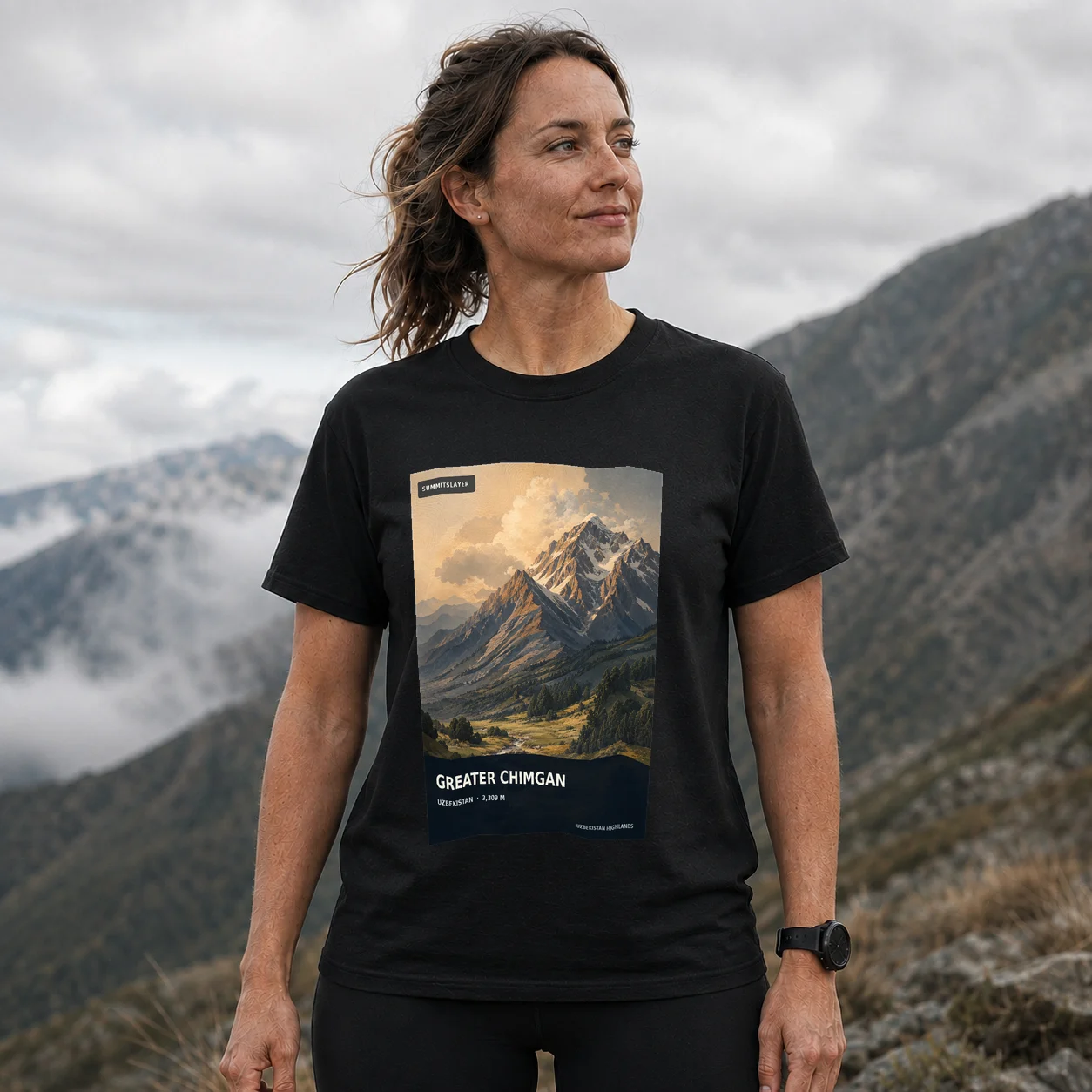 Black Gora Bol’shoy Chimgan T-shirt front with mountain artwork