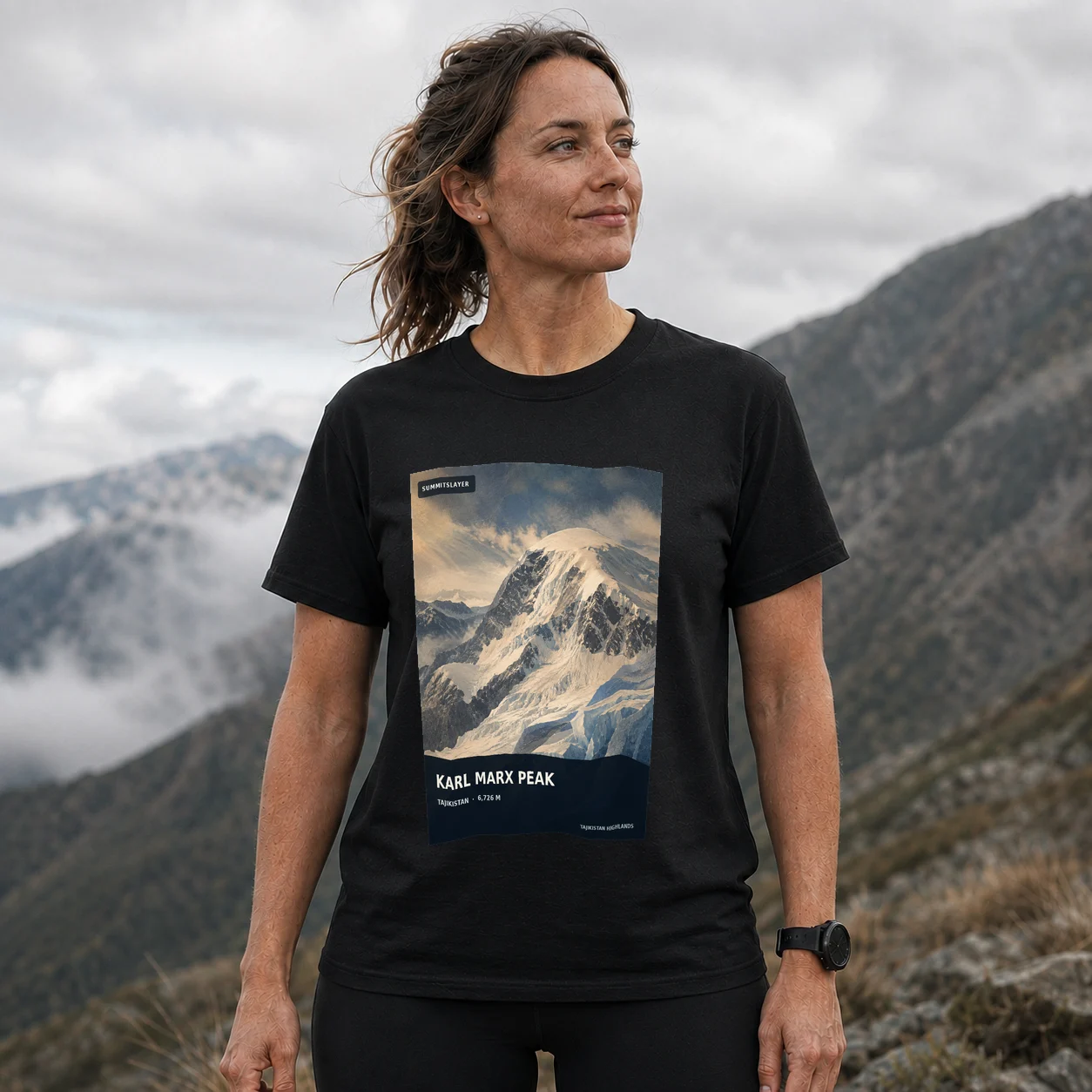 Black Karl Marx Peak T-shirt front with mountain artwork