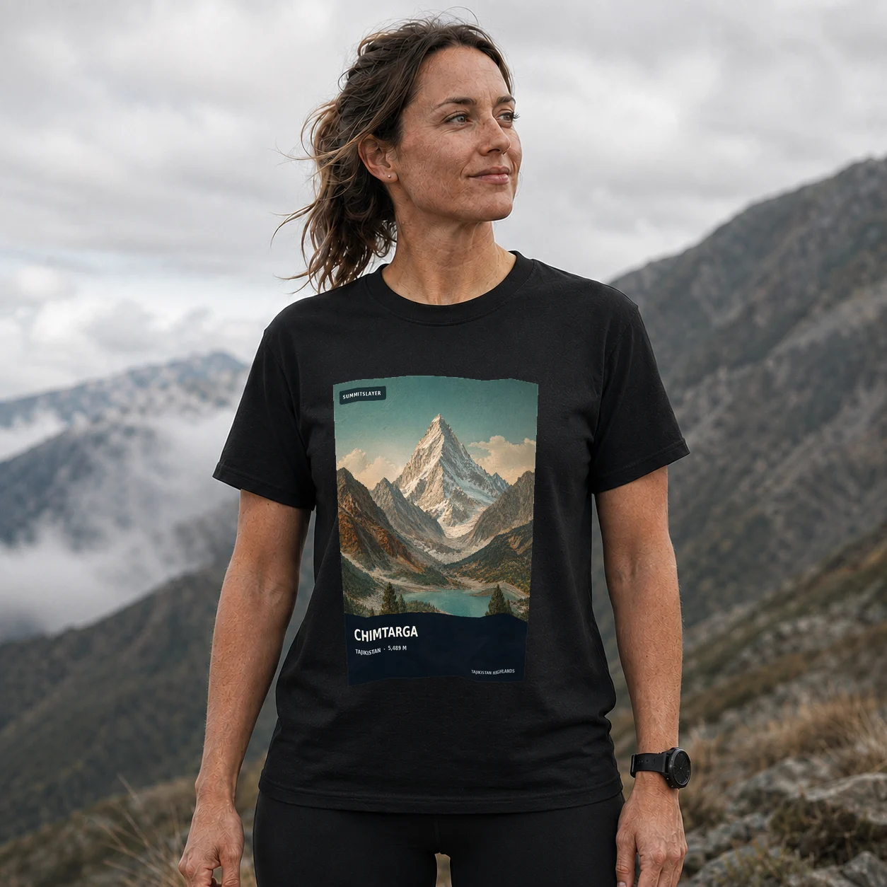 Black Kŭhi Chimtarga T-shirt front with mountain artwork