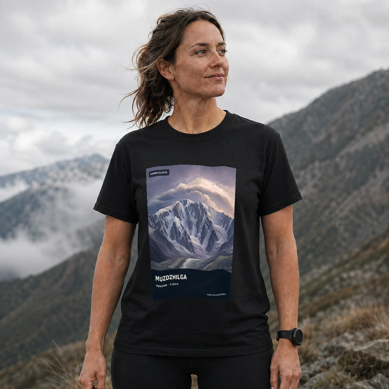 Black Kŭhi Muzjilga T-shirt front with mountain artwork
