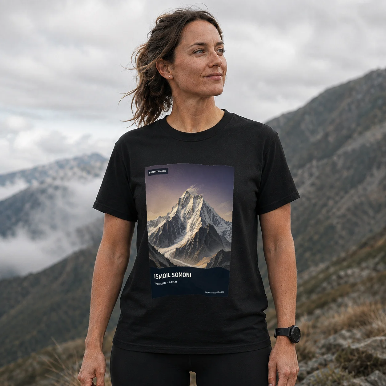 Black Pik Imeni Ismail Samani T-shirt front with mountain artwork