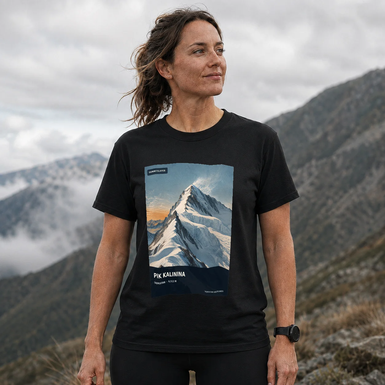 Black Pik Kalinina T-shirt front with mountain artwork