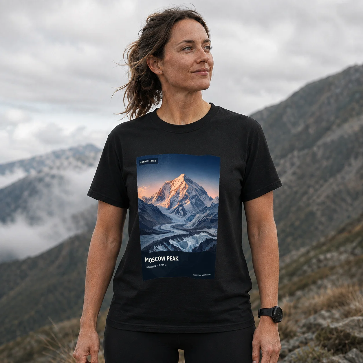 Black Pik Moskva T-shirt front with mountain artwork