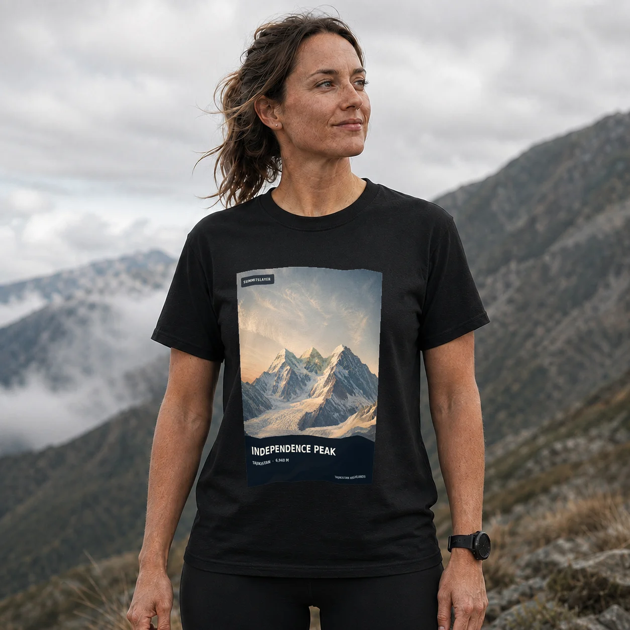 Black Qullai Revolyutsiya T-shirt front with mountain artwork