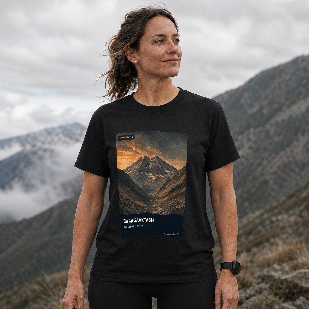 Black Gora Basagaaktash T-shirt front with mountain artwork