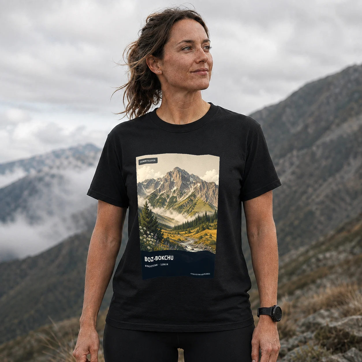 Black Gora Boz-Bokchu T-shirt front with mountain artwork