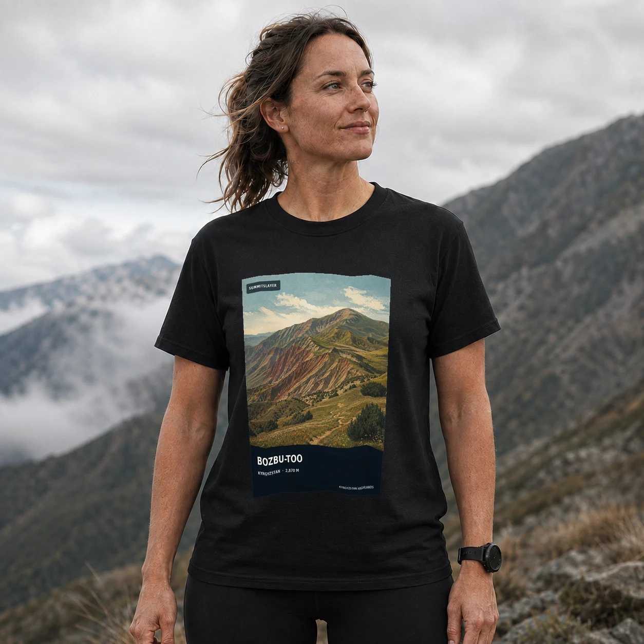 Black Gora Bozbu-Too T-shirt front with mountain artwork