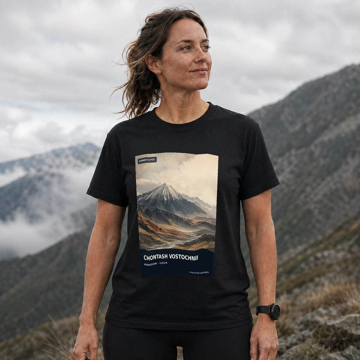 Black Gora Chontash T-shirt front with mountain artwork