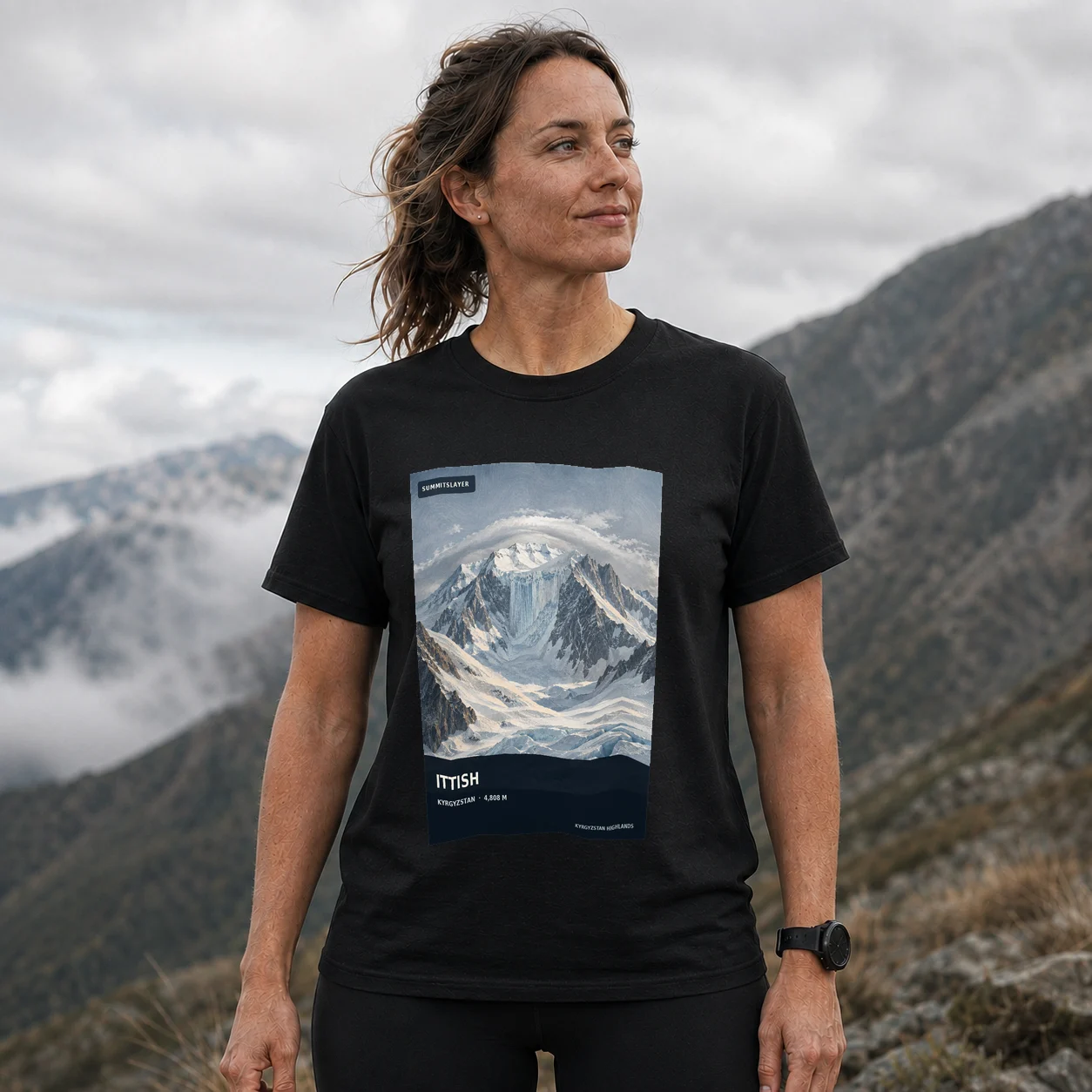 Black Gora Ittish T-shirt front with mountain artwork