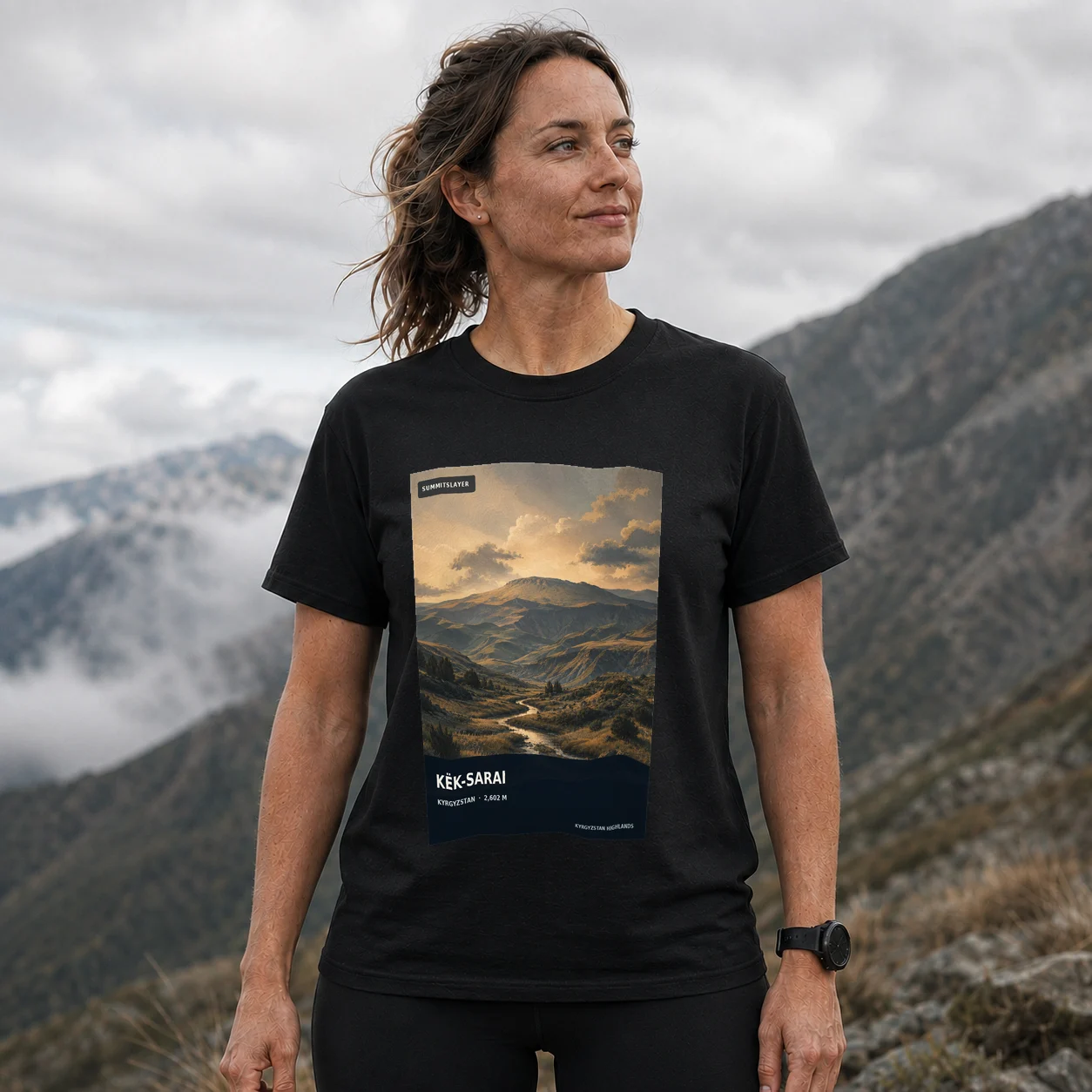 Black Gora Këk-Sarai T-shirt front with mountain artwork