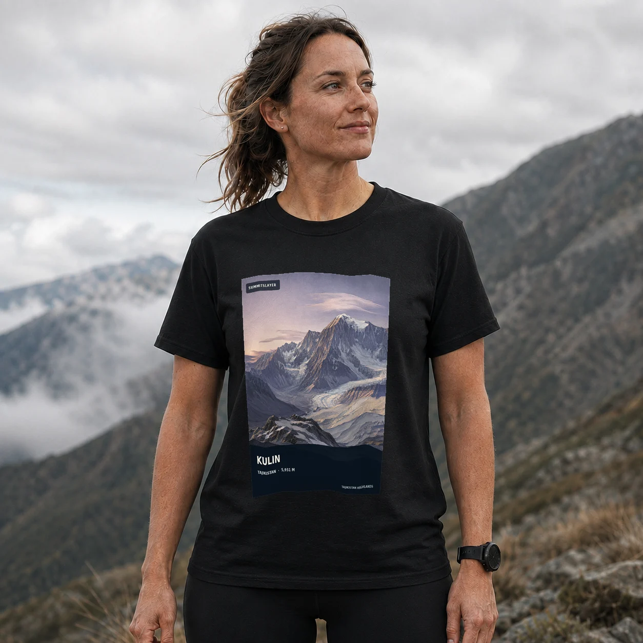 Black Kŭhi Kulin T-shirt front with mountain artwork