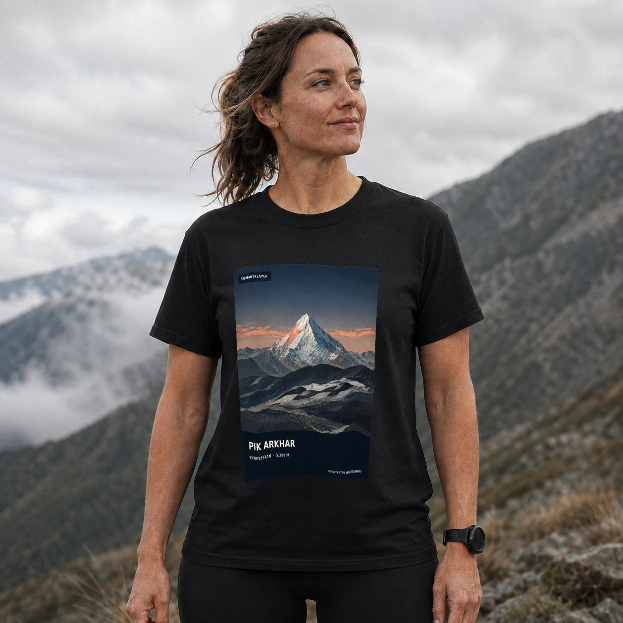 Black Pik Arkhar T-shirt front with mountain artwork